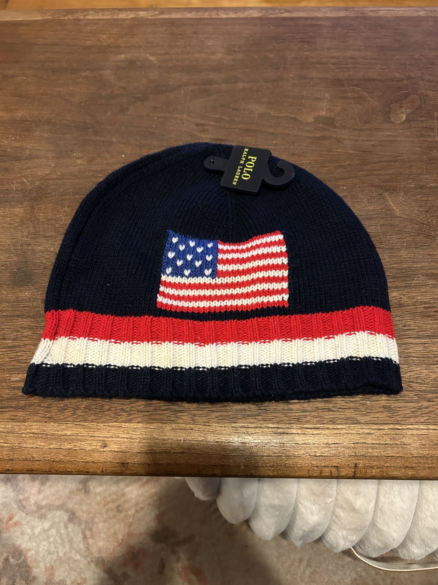 hot nwt polo ralph lauren usa flag navy red cream beanie knit hat new