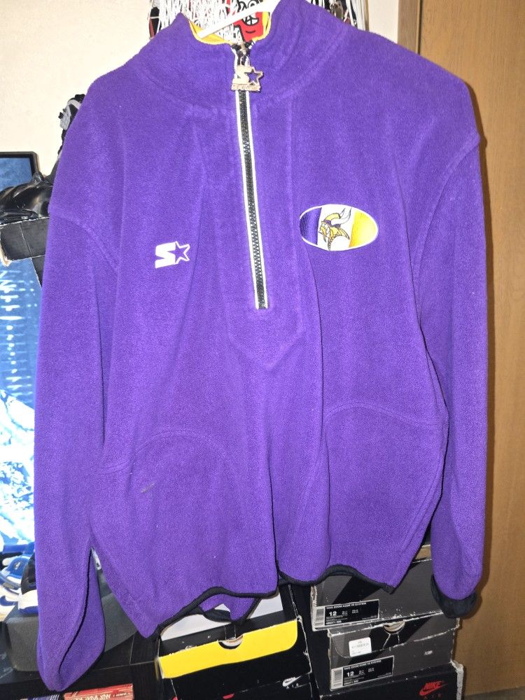 VINTAGE NFL MINNESOTA VIKINGS STARTER PULLOVER FLEECE JACKET 1990S MEDIUM