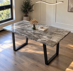 Dining Table with Stone-Effect Top and Black Metal Legs