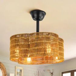 Steverson 20 in. 4-Light Farmhouse Indoor Black and Deep Brown Geometric Drum Ceiling Fan Lighting with Remote Included