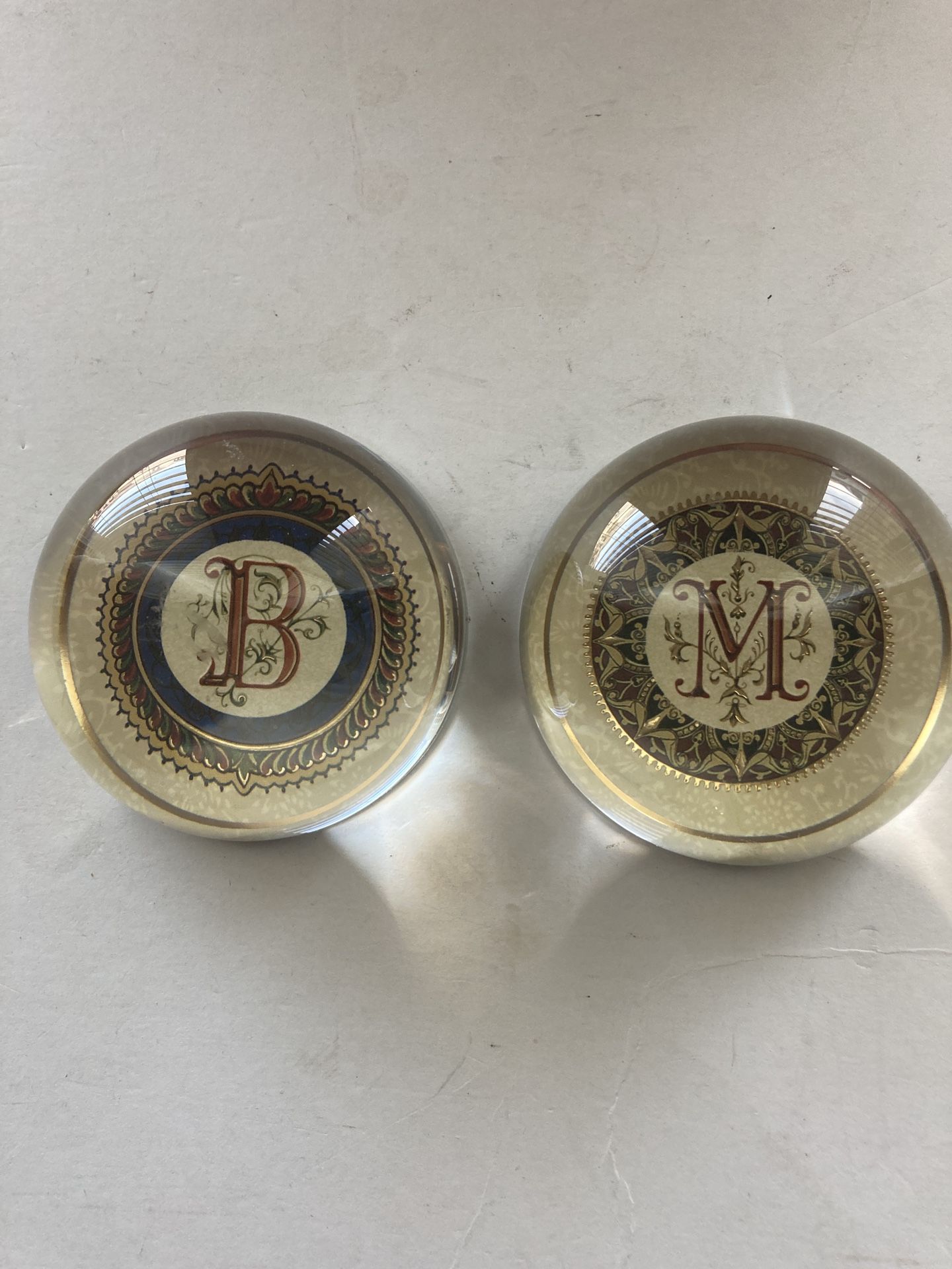 Set of 2 Vintage style design Punch Studio crystal paperweights with a monogram "B & M". Made in France.
