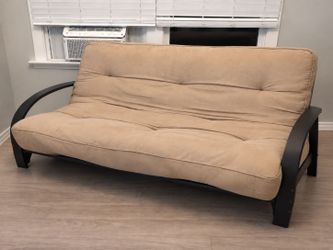 Beige/Taupe Cushion Futon w/ Espresso Wood & Metal Base