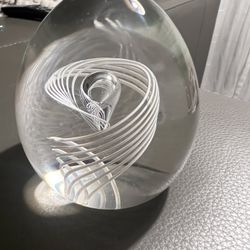 VTG Signed Steuban Crystal White Latticino Spiral Air Twist Paperweight  3.5”x 3”