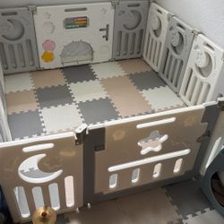 Baby Playpen with Foam Mat – Foldable Gray & White – Excellent Condition