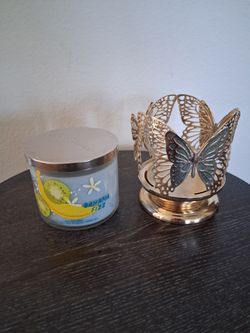 Bath & Body Works Bahama Fizz 3-Wick Candle & Gold Butterfly Candleholder - New