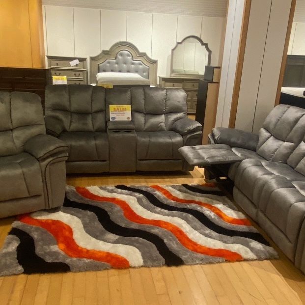 Spring Sale Event! Barcelona Gray Reclining Sofa And Loveseat Only $899. Single Recliner $299. Easy Finance Option. Same-Day Delivery.