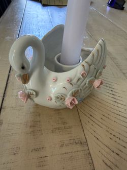 Vintage Porcelain Floral Swan Candle Holder
