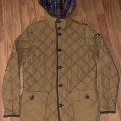 VTG Tommy Hilfiger Men's Quilted Hooded Cotton Blend Jacket Tan Brown Sz Small