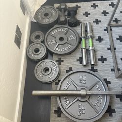 Barbell Standard 300lb Olympic Weight Set- 255lbs of weights + 45lb 7ft bar + Dumbbell Handles + Squat rack + Bench