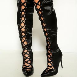 NEW!!!!!!! SEXY BLACK SATIN LACE UP POINTY TOE THIGH HIGH BOOTS  