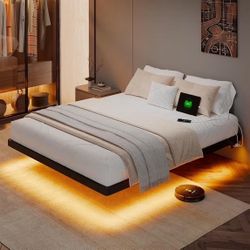 Honfach King Size Floating Bed Frame with Led Lights and Charging Station, Metal Bed Frame with Heavy Duty Steel Slats Supports, Black