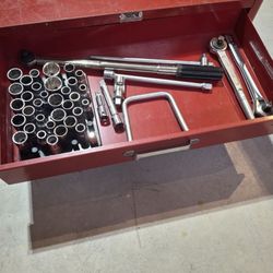 Sockets and Wrenches complete with Heavy Duty 2 Drawer Tool Cabinet