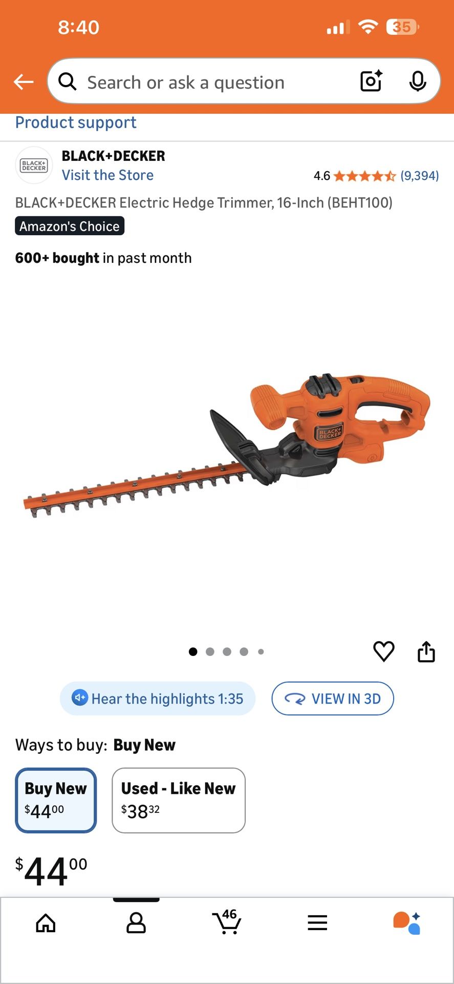 $20 BLACK+DECKER Electric Hedge Trimmer, 16-inch model (BEHT100)