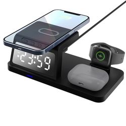 4-in-1 Wireless Charging Station with Clock Display, Compatible with iPhone/Apple Watch/AirPods,Black