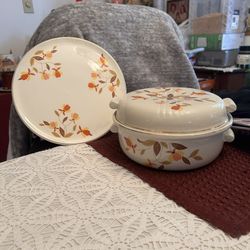 Vintage 1930's Hall Superior Uranium Glaze Autumn Covered Casserole Dish, Plate