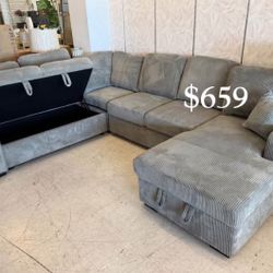 XL Sectional Sofa With Pull-out Bed & Storage Grey Corduroy  NEW