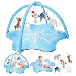 Baby Play Gym Mat with 5 Sensory Toys, Frozen Winter-Themed Development Mat for Newborn to 18 Months, White