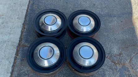 AMC Rambler 14 inch steel wheels with dog dish hubcaps 5 on 4.5 inches-