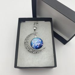 Wholesale Horoscope Glass Pendant - Silver Plated Moon And Chain 17 Inch Necklace