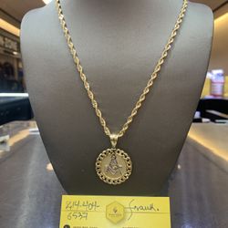 10kt- Rope Chain & 02 tone Masonic charm.