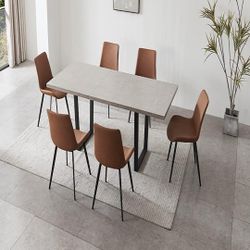 Modern Mid-Century Dining Table Set for 6-8 People Kitchen Dining Room Table Set Extendable Solid Wood Dining Table and 6 Upholstered Chairs, Home Kit