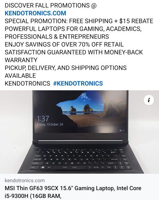 MSI Thin GF63 9SCX 15.6" Gaming Laptop, Intel Core i5-9300H (16GB RAM, 256GB SSD) NVIDIA GeForce GTX 1650 Max Q, Windows 11
