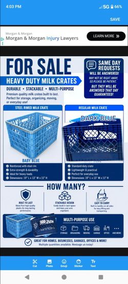 Steel rim baby blue regular dark blue milk crates storage bin 19 x13x11
