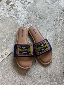 Tan Slide Sandals with Multicolor Beaded Strap NWT size 8