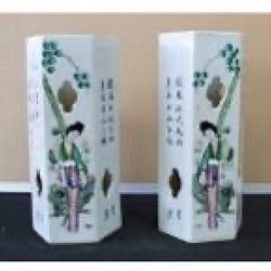 Chinese Handpainted Garden Flower Lady Cylinder Hexagon Porcelain Vase 