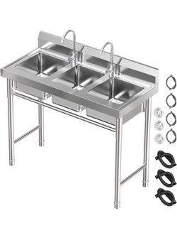 Commercial 3 Compartment Sink with 2 Faucets, 304 Stainless Steel Three 11 x 9 x 7 in Basins, 2 Hot/Cold Faucets Triple Bowl Sink Adjustable Feet for