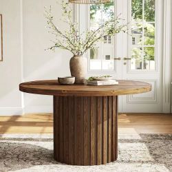 JW1310 Round Solid Wood Dining Table for 4, 47" Kitchen Table with Fluted Pedestal Base