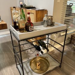Wood And Metal Bar cart With Detachable Top And Wine Glass Rack 