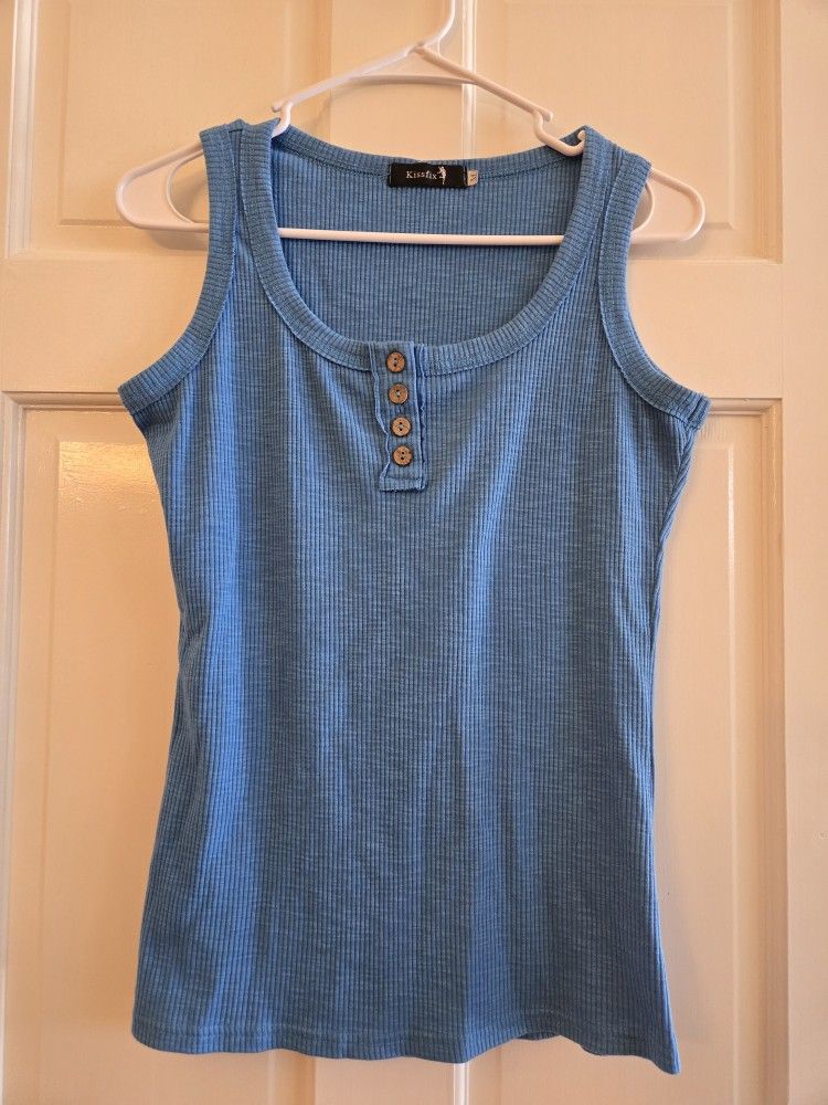 Women's Size Medium Ribbed Tank Top Sleeveless Kissfix Button Scoop Neck Shirt Blue