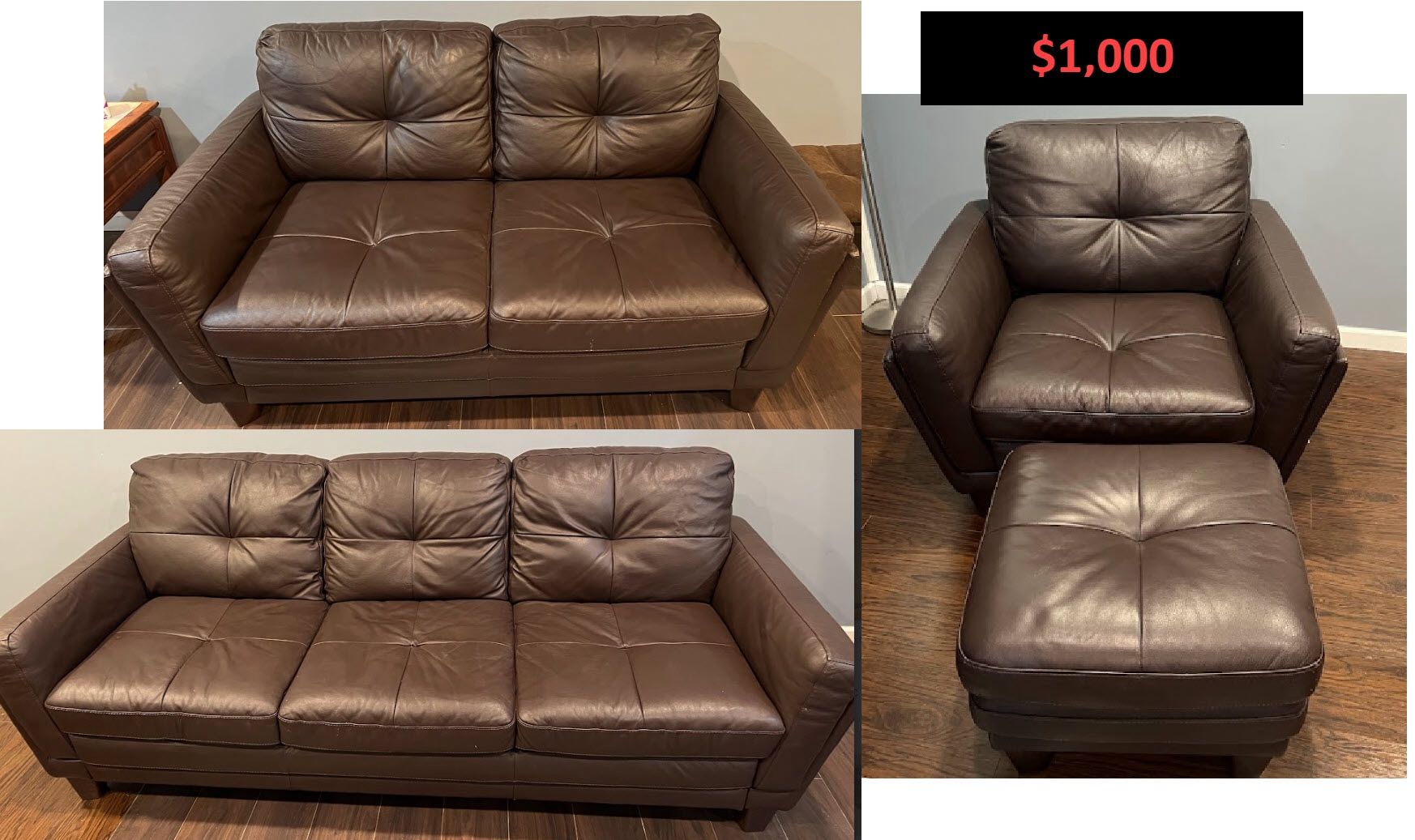 Leather Couch, Loveseat, Chair & Ottoman