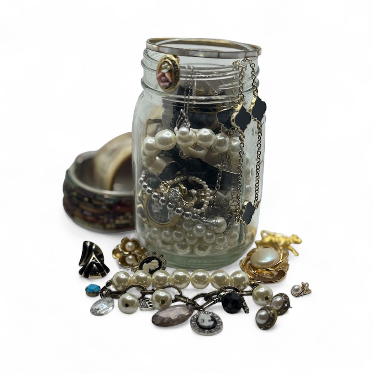 🕊 Vintage Pearl Mystery Jewelry Jar ✦ Old Hollywood Edition