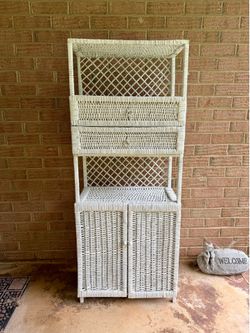 Vintage White Wicker Hutch Cabinet