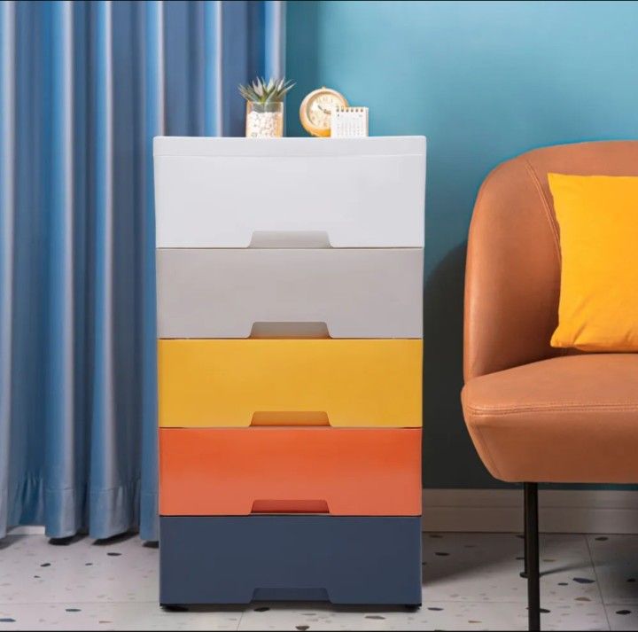NEW OPEN BOX OUKANING 5 Colored Plastic Drawer Storage Cabinet Closet Dresser Organizer W/ Wheels