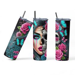 Stainless Steel Tumbler, 20 oz, Sugar Skull Design with Turquoise Butterflies and Pink Roses
