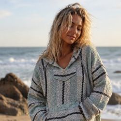 Baja Hoodie Pullover Sweater Mint Gray Striped Surf Poncho