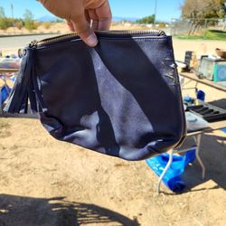 “C’est La Vie” Navy Blue Faux Leather Zip Pouch / Makeup Bag
