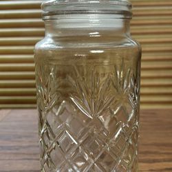 Mr. Peanut Planters Peanut  Anchor Hocking glass lidded jar canister with plastic seal lid diamond pattern design Vintage 1983 