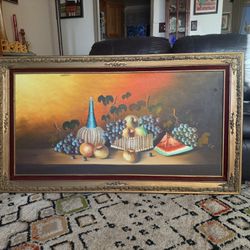 Beautiful Vintage Still Life Oil On Canvas Painting W/Gorgeous Gold Gilt Style On Wood 55 W X  31 H