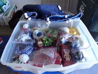 Storage Case Full Of Miscellaneous Christmas Tree Decorations & Tree Skirt 