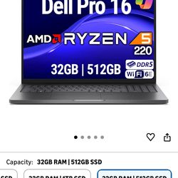 Dell Pro 16 FHD+ 16" (Replaces Latitude 3550), AMD Ryzen 5 220, 32GB DDR5 RAM, 512GB SSD, Backlit Keyboard, WiFi 6E + BT, RJ-45, HDMI, HD Webcam, W11P