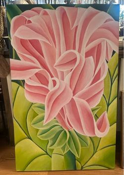 Original signed pink flower bloom watercolor on canvas 30x48
