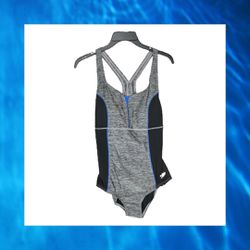 Speedo New w Tags Black & Gray w Blue 1-Piece Swimsuit Moderate Cut Removable Cups Women Sz 10