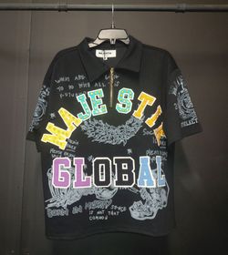Majestik Global Black Graphic Zip Polo Shirt