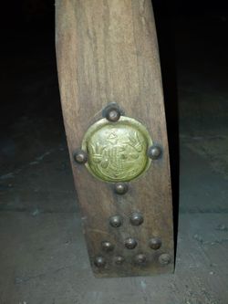 Antique Wooden Furniture Leg with Brass Medallion