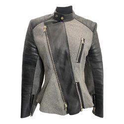 3.1 Phillip Lim Moto Jacket Womens Size 2 Gray / Black Wool Blend Calf Leather