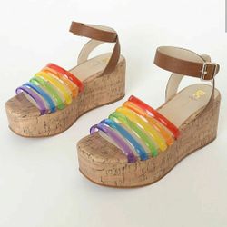 Rainbow Pride Summer Vegan Wedges Sandals Cork Multi Color Size 8.5 Shoe Shoes Women's Women Woman
